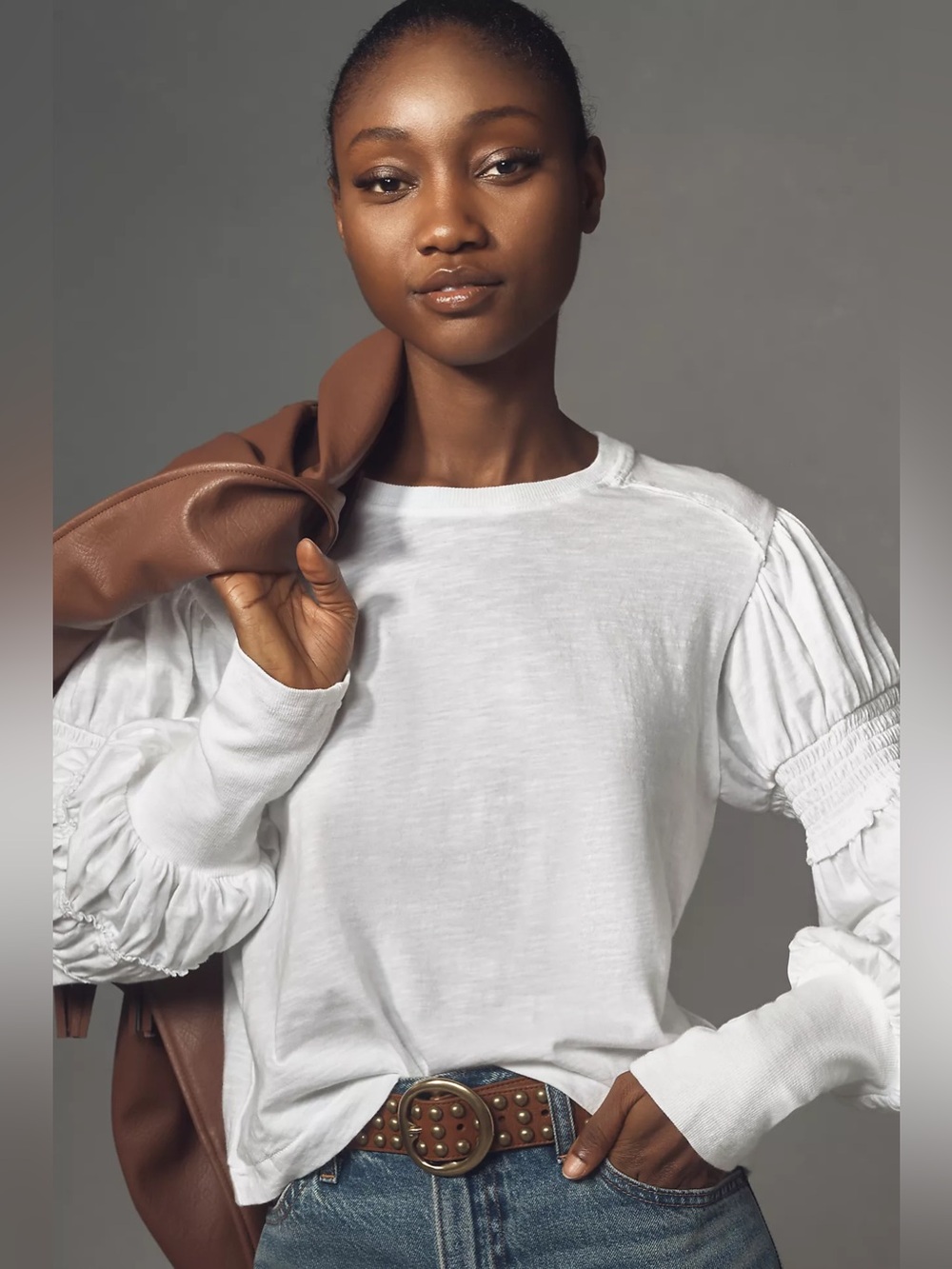 Pilcro Crew-Neck Ruched & Smocked-Sleeve White Top - Picture 2 of 6